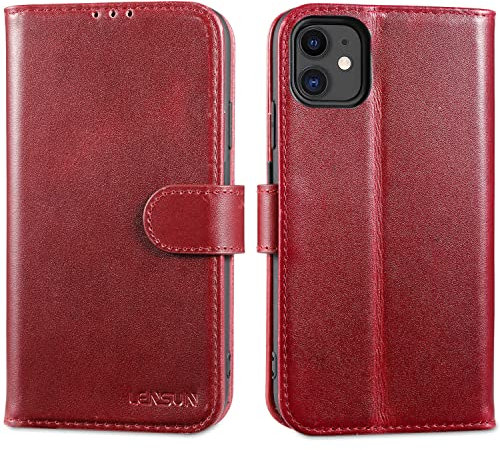 LENSUN Echtleder Hülle für iPhone 11, Handyhülle [Echtes Leder][Magnetverschluss][Standfunktion] Handytasche Lederhülle Klappbar Kompatibel mit iPhone 11 - Weinrot