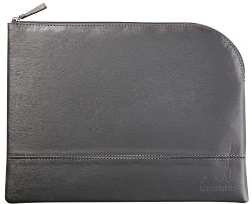 RHODIA 116720C - Faux Leather Zipped Pouch - Titanium - Size L (21 x 28 cm) - Genuine Stitching - Orange Fabric Inside - Storage for Documents, Small Supplies