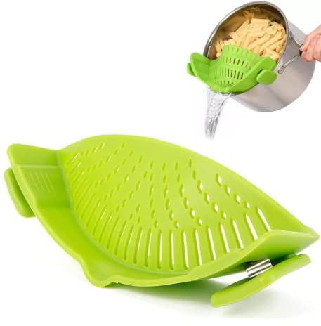 Pot Strainer Silicone Clip on Colander Multifunction Cooking Strainer Kitchen Drainer Hands Free for Pasta Spaghetti Rice Universal Fits All Pots Bowls Green