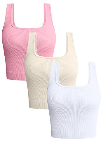 OQQ Damen 3-teiliges Tank-Top Gerippt Nahtlos Workout-Shirts Yoga Bauchfreies Top Candypink Beige Weiß