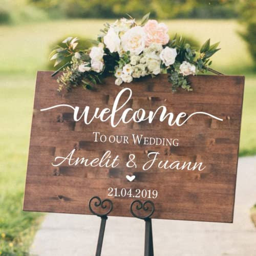 jifu Autocollant mural en vinyle personnalisé avec noms et date - Décoration de fête de mariage « Welcome to Our Beginning, Welcome to Our Forever » - Panneau de bienvenue en bois rustique (42 x 25