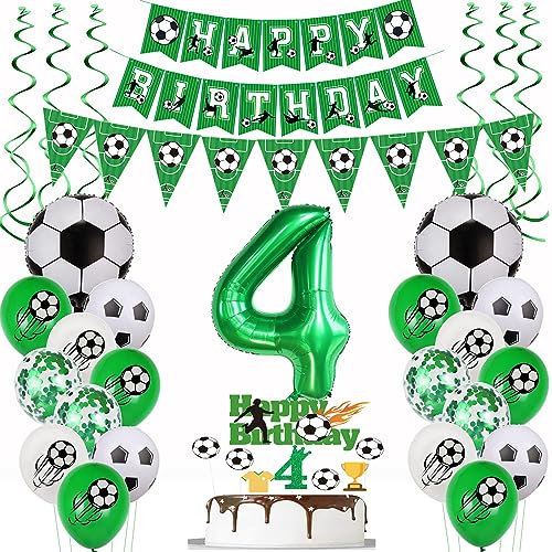 4 Jahr Fußball Geburtstag Deko,Fußball 4 Geburtstag Deko,Fussball Luftballon,4 Ballon Grün, 4. Fußball Tortendeko,4.Geburtstagsdeko Fußball Torten Topper