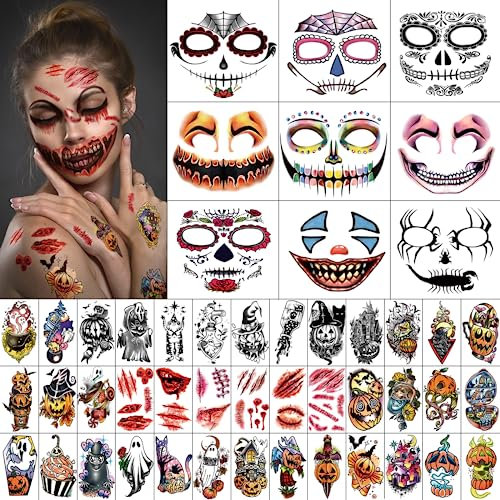 3D Halloween Gesicht temporäres Tattoo für Männer und Frauen, Skelett Hexe Geist Kürbis Laterne Fledermaus Adler Jack Zibetkatze wasserfeste Tattoo-Aufkleber für Kinder auf Armaufklebern