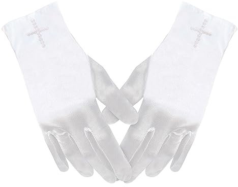 SKHAOVS Kommunionhandschuh Mädchen,Satin Handschuhe,Kreuzweg-Handschuhe weiß,Hochzeitskleid Perlstickerei Handschuhe,Gebetshandschuhe für Hochzeit Urlaub Feier Taufe Kommunion (Weiß)