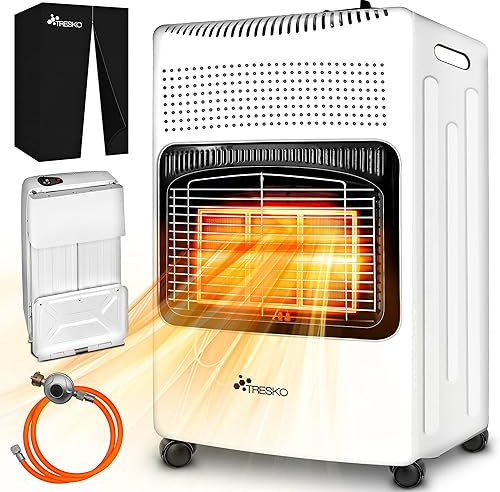 TRESKO Chauffage au gaz 4200 watts incluant un régulateur de pression de gaz, un tuyau de gaz et une housse de protection | Chauffage à gaz avec 3 niveaux de chauffage | Appareil de chauffage au gaz