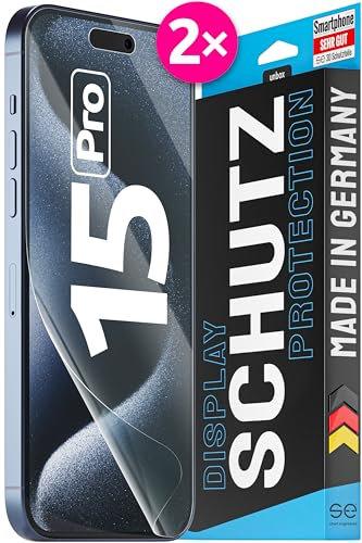 2X se® 3D SCHUTZFOLIE Transparent für Apple iPhone 15 Pro,Selbstheilend, 100% Fingerabdruck & FaceID kompatibel, einfache blasenfreie Installation, Ultra-Klar, Stoß-Kratzfest, aus Deutschland