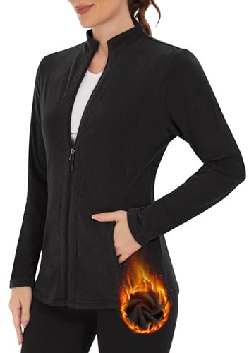 WOWENY Fleecejacke Damen Warm Gefüttert Sweatshirt mit Stehkragen Full Zip Fleece Sweatjacke Leichte Winter Outdoor Laufen Wandern Freizeit[Schwarz,XL]