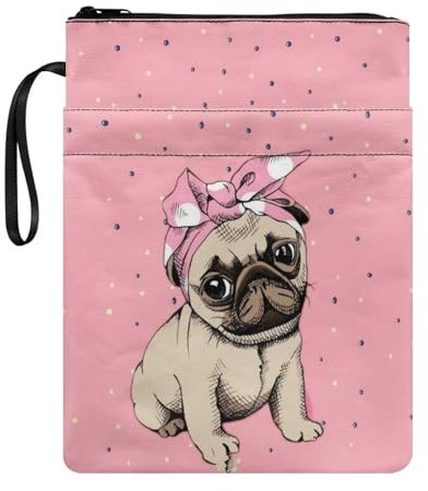 NETILGEN Rosa Kopftuch Mops-Buchhülle mit Reißverschluss für Erwachsene, Teenager, Studenten, Geschenke, Buchschutz, Taschenbuch, Bucheinband, waschbarer Stoff, Buchtasche mit Tasche