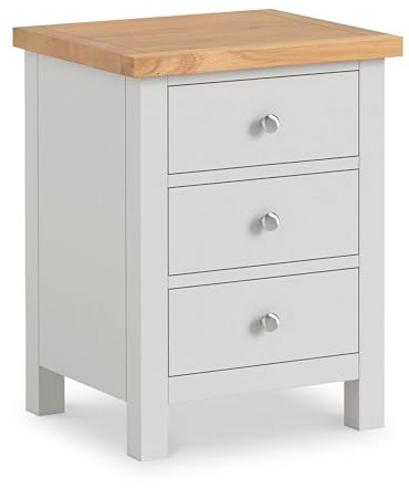 RoselandFurniture Farro XL Grey 3 Drawer Bedside Table | Fully Assembled | Solid Wooden Night Stand Storage with Oak Top, Painted Cabinet, Contemporary Coastal Style, H60cm W46cm D40cm