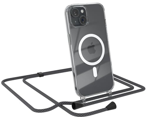EAZY CASE - Handykette kompatibel mit iPhone 15 Kette zum Umhängen Stoßfest Handyhülle für iPhone 15 Silikon Hülle mit Band Transparent als Fallschutz in Schwarz/Anthrazit - Clips Schwarz