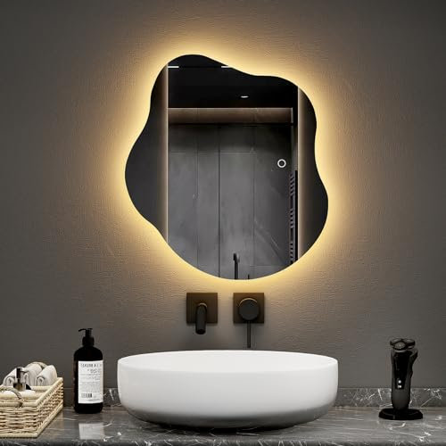 EMKE Badspiegel mit Beleuchtung 50 x 45 cm Asymmetrischer Spiegel mit Beleuchtung Touch-Schalter, 3 Lichtfarben Dimmbar, Beschlagfrei Badezimmerspiegel mit Beleuchtung IP44 Energiesparend LED Spiegel