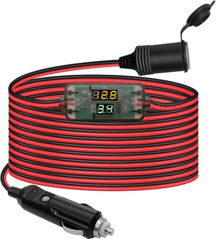 Hoembpn 4M 3-in-1 Batterie Monitor KFZ Verlängerungskabel Zigarettenanzünder Buchse Adapter, 12V/24V Auto Batteriewächter Zigarettenanzünder Steckdose 10A 17AWG Kabel mit LED Voltmeter Amperemeter