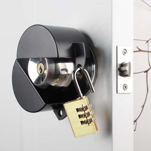 TEMEILI Door Knob with Lock,Without Drilling,Dementia Door Handle Lock，from Outside Prevents Turning of Door Knob and Access to Keyhole,for Apartment Evictions，Childproof (Black with Padlock)
