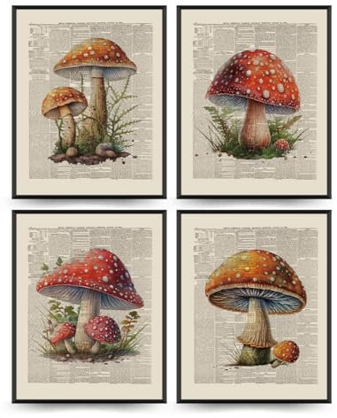 PLKMN Wandkunstdrucke im Vintage-Pilz-Stil, 20,3 x 25,4 cm, Retro, botanisches Poster, Bilder, Wörterbuch-Stil, Dekoration für Schlafzimmer, Bauernhaus, 4 Stück, ungerahmt