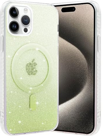 Xylota Klare Glitzer Magnetisch Hülle für iPhone 15 Pro Max 6,7 '' [Kompatibel mit MagSafe], Aesthetic Luxuriöse Beschichtung Handyhülle, Mode TPU Stoßfeste Case Mädchen Schutzhülle Cover, Grün