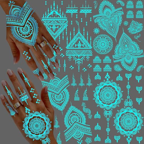 4 Blätter Blau im Dunkeln Leuchtend Temporäre Tattoos Frauen Mädchen Klebetattoos Erwachsene, Sexy Hände Tattoos Lotus Mandala Blume Fake Tattoo Aufkleber Vorlagen Glitzer Nacht Festival Zubehör