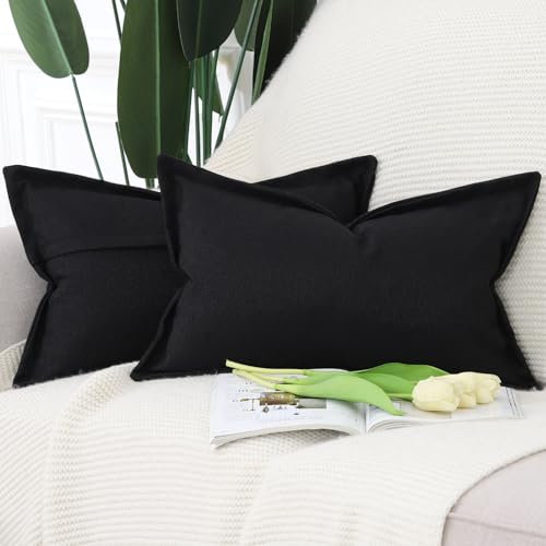 Madizz 2er Set Leinen Kissenbezügen mit breiter Kante Weiche dekorative Kissenbezüge für Sofa Schlafzimmer Kissenhülle Schwarz 40x80 cm Rechteckig