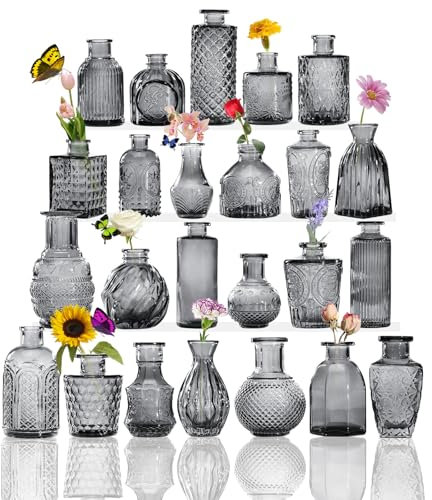 Sawoake Lot de Petits vases en Verre Transparent avec couvercles pour décoration de Table, Mariage, réception, Maison, Bouteilles Vintage (Gris fumée, 24)