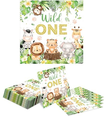 Kotkiddy 40 Stück Servietten Kindergeburtstag,Servietten Dschungel,Party Motiv Tiere,Blätter,Party Animals,Grün für Waldtiere Geburtstag und servietten Tiere 33x33cm