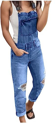 Latzhose Jeans Damen Overall Hose Latzhose Denim Jeanslatzhose Vintage Zerrissene Jeans Lang Lässig Baggy Boyfriend Stylisch Weite Gerade Overall Jumpsuit