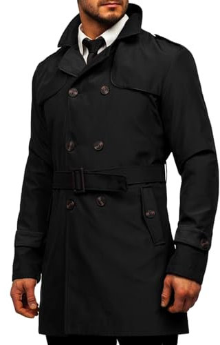 Runcati Trench Coat Uomo Slim Fit Doppio Petto Cappotto di Media Lunghezza Classico Business Casual Autunno Antivento, Nero, XXL