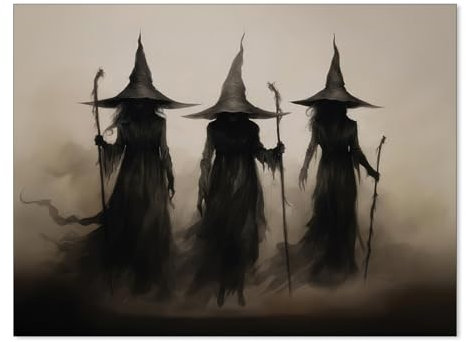 WBSTGUE Wandkunst, gruselige Hexe, stimmungsvolle dunkle Gothic-Poster, Halloween, Vintage-Raumdekoration, ästhetische drei Hexen, die Zauberstäbe halten, rustikale Wanddekoration, 30,5 x 40,6 cm,