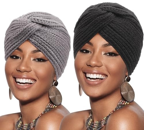 DRESHOW 2 Stücke Afrikanischen Turban für Damen Soft Vorgebunden Knot Mode Plissee Turban Hut Mütze Kopfwickel Schlafmütze