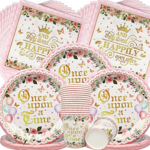 Doyomtoy Prinzessin Partygeschirr,60 Stück Kindergeburtstag Party Dekorationen,Prinzessin Pappteller Pappbecher Papierhandtücher Mädchen-Geburtstagsparty-Dekorationen Schloss Geburtstag Deko