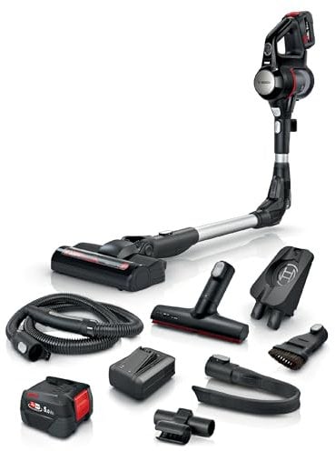Bosch Akku-Staubsauger Unlimited 7 BSS715FRSH, kabellos, Knickrohr, Hygiene-Filter, 10 Jahre Motorgarantie, 2X 5.0 Ah Akku, Schnellladegerät, XXL-Polsterdüse, Turbodüse, Made in Germany, schwarz