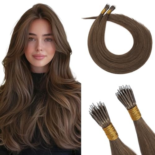 S-noilite Nanoring Extensions Echthaar Mittelbraun 45cm Remy Echthaar Extensions Nano Ringe Cold Fusion Haarverlangerung Glatt 50g #4