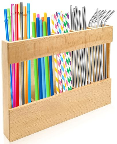 Wooden Straw Holder Wooden Straw Organizer Straw Storage Container with 4 Pcs Double Sided Adhesive Tape for Kitchen Counter