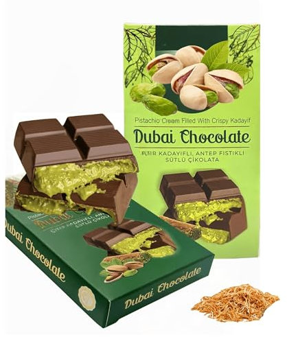 100g Chocolat Premium de Dubaï | Fait Main avec Crème de Pistache | Fourré à la délicate crème de pistache et aux fils de pâte grillés (100 g Chocolat de Dubaï)