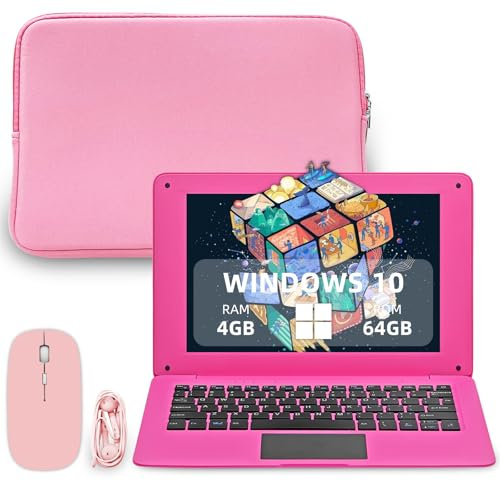 iSTYLE 10.1 Laptop Mini Notebook, Portable Mini Computer with Intel CPU 4GB RAM 64GB SSD Storage, Laptop Sleeve, Wireless Mouse, Mini Laptop with Windows 10(Pink)