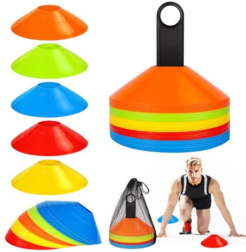 TEGOVE KIMIGO Markierungshütchen Hütchen Kegel,Fussball Hütchen Mit Ständer,Netztasche,Kann für koordiniertes Training im Hockey,Eislaufen,Handball,Fußball und in der Leichtathletik verwendet Werden