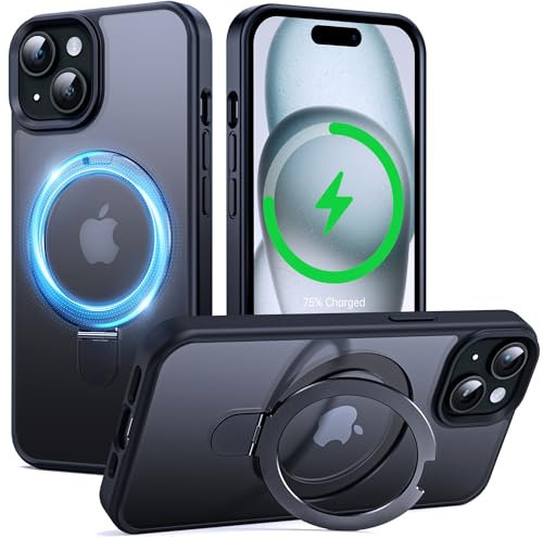 Supdeal Magnetisch Stand Hülle für iPhone 15 mit Unsichtbarem Ring Ständer [Kompatibel mit MagSafe] Clear Transparent Stoßfeste Handyhülle Schutzhülle, 6,1, Schwarz