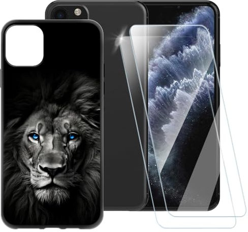 ESACMOT Dark Lion Pattern Case Compatible with iPhone 11 Pro Max + [2 Pack] Screen Protector Tempered Glass, Shockproof Case Cover for iPhone 11 Pro Max (6.5 inch)