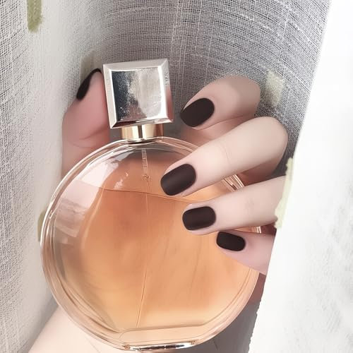 Dark Blue Short Square Fake Nails, 48PCS Matte Navy Blue Press on Nail,Natural False Nails,Acrylic Artificial Fake Nail Full Cover False Nails for Women Nail Art (Deep Coffee, One Size)