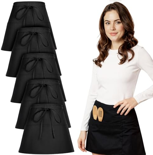 saerryor Black Waist Apron Waitress Apron with 3 Pockets Server Aprons | Waterproof Anti-Dirt Adjustable Short Half Aprons for Women Men Home Kitchen Restaurant Chef Cooking Baking
