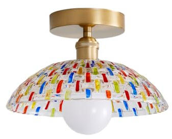 NICRX Vintage Bunte Mosaik-Glas-Deckenleuchte, 25 cm / 30 cm Halbrunde Deckenlampe mit Goldmetall-Basis,E27-Fassung Art Deco Decke Lampe für Flur,Schlafzimmer,Eingang,Küche,Wohnzimmer (25CM)