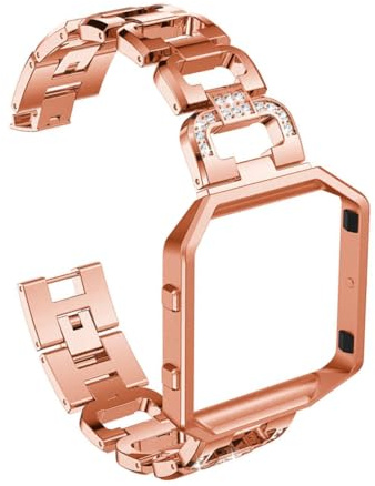 Alipis Smartwatch Armband Edelstahl mit Strass und Rahmen Ersatzarmband Kompatibel mit Fitbit Blaze Verstellbares Uhrenarmband in Roségold für Damen und Herren