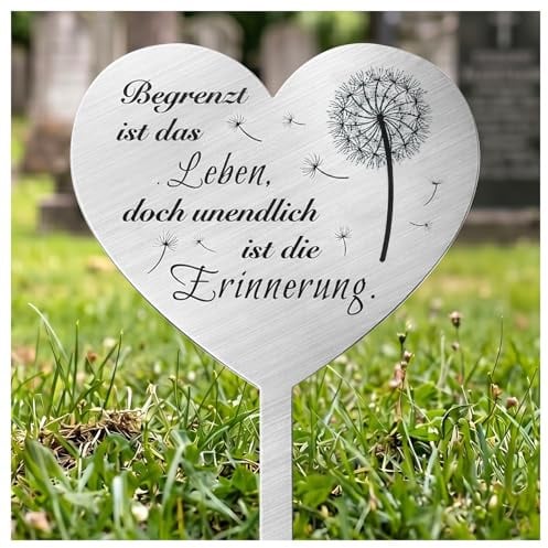 GOCUODE Grabschmuck Wetterfest, Herz Grabstecker Edelstahl, Grabdekoration mit Spruch Begrenzt Ist Das Leben Doch Unendlich Ist Die Erinnerung für Gärten Friedhof Höfe (Stil 1)