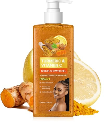 Kurkuma- und Vitamin-C-Körperpeeling-Duschgel, Akne-Peeling-Duschgel für Männer und Frauen, Kurkuma-Seife & Peeling-Schwämmchen zur Reinigung und Feuchtigkeitsversorgung trockener und rauer Haut