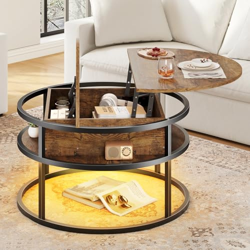 Dripex Round Lift Top Coffee Table, LED & Hidden Storage, Retro Brown | Adjustable RGB LED Ambient Glow (USB Powered), Hidden Compartment & Open Display Shelf, Round Lift Up Coffee Table