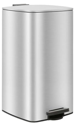 Optimal Products 30L Square Pedal Bin – Brushed Stainless Steel Kitchen Trash Can with Soft-Close Lid, Hands-Free Foot Pedal, Removable Inner Bucket & Rubbish Recycling Bin Dustbin Matt Silver