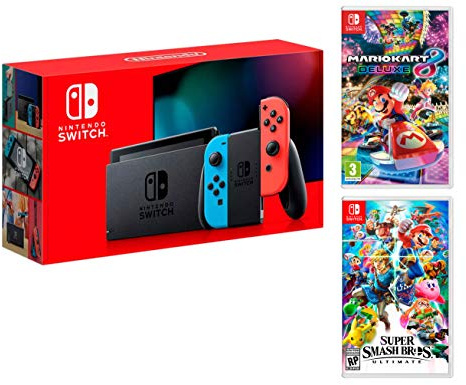 Nintendo Switch Rouge/Bleu Néon 32Go [Nouveau modèle]+ Super Smash Bros: Ultimate + Mario Kart 8 Deluxe