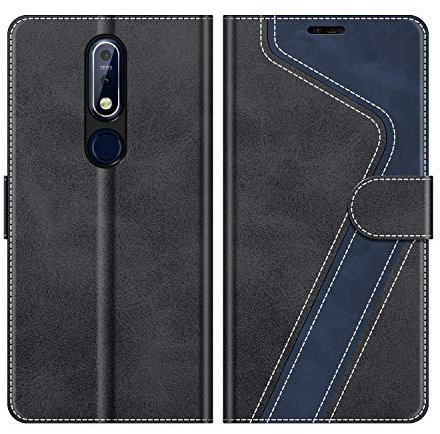 MOBESV Hülle für Nokia 7.1 Handyhülle, Lederhülle mit Kartenfach, Klapphülle mit Ständer, Flip Case Handytasche Schutzhülle, Modisch Schwarz