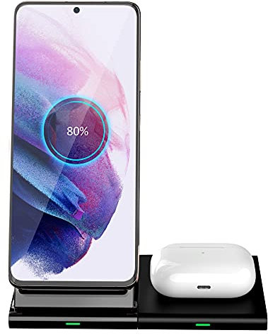 Hoidokly Wireless Charger Qi Induktive Dual Fast Ladestation Schnelles 2 in 1 Kabelloses Ladegerät für Galaxy S22+/S21/S20/S10/S9/Note 20 Ultra/Galaxy Buds Live,iPhone 14/Airpods pro/3/2-Kein Adapter
