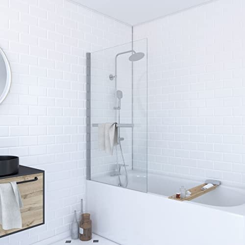 AURLANE Pare-Baignoire Pivotant avec Porte-Serviette 85x150cm - Profilé Chrome - Verre 6mm - TSHAPE Chromed