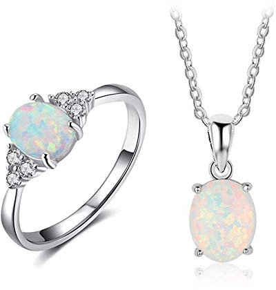 Tanduaji 925 Silber Damen Schmuckset Opal Anhänger Ringe,Ovale Form Oktober Geburtsstein Hochzeit Schmuck Valentinstag Geburtstag Geschenke Größe 52 (16.6)