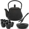 kleine schwarze asiatische gusseiserne Teekanne Set 0.8 Liter & Edelstahl Tee-Filter Sieb-Einsatz für losen Tee & Deckelheber & Teewärmer & 6 Guss Teebecher